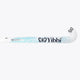 White field hockey stick with blue stripe and black emblem on blade