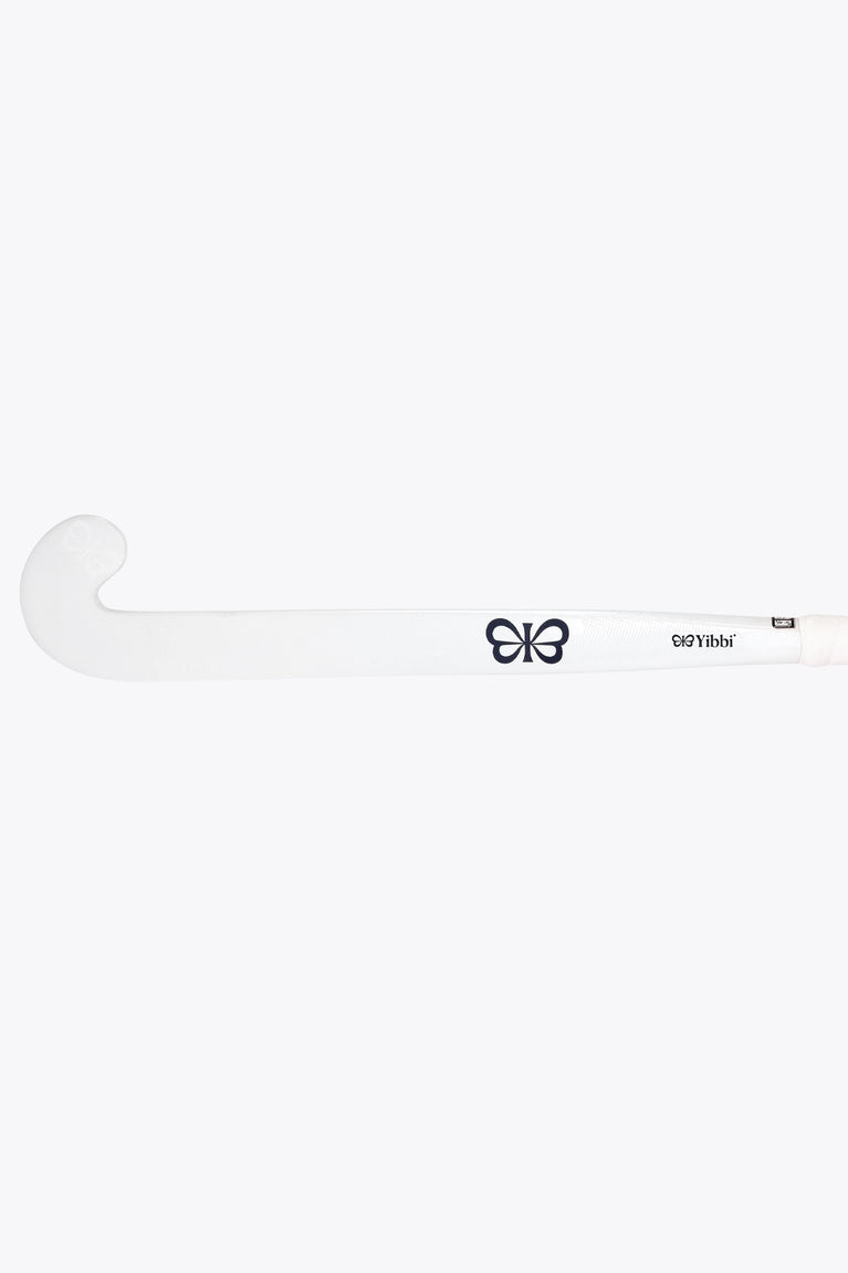 White field hockey stick with black logo and light blue stripe near end