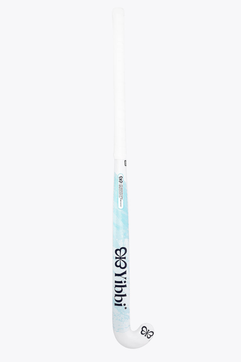 White field hockey stick shaft with blue print and black symbol at base