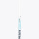 White field hockey stick shaft with blue print and black symbol at base