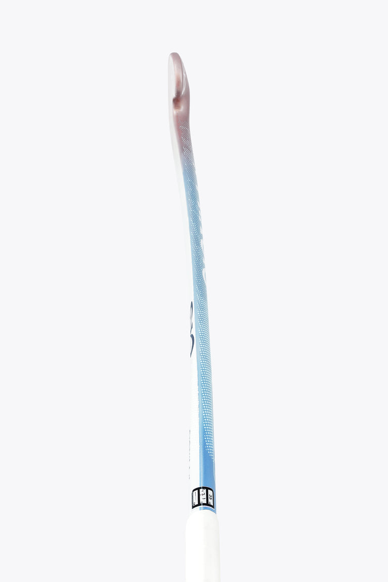 Field hockey stick side view, white shaft with blue grip band and branding