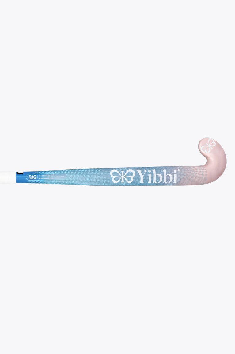 Field hockey stick full length, blue shaft with pastel pink blade end