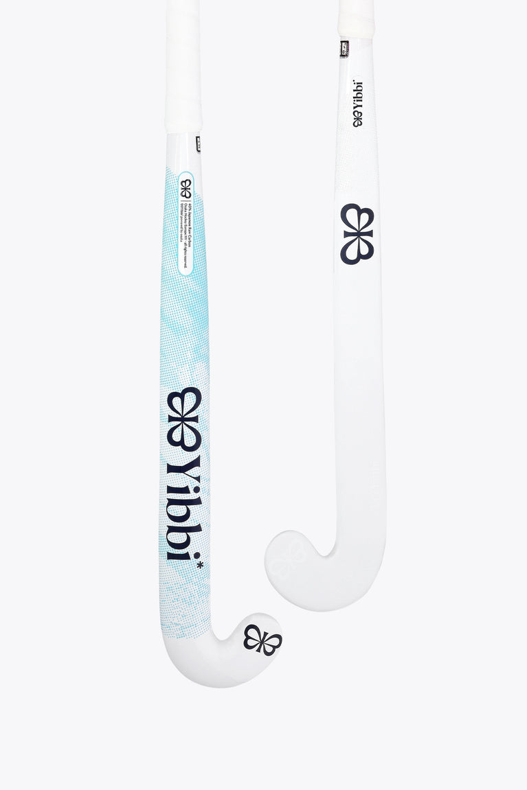 Yibbi field hockey stick with white curved blade and light blue shaft panel