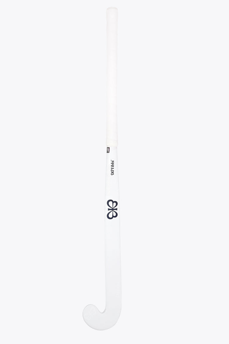 Yibbi field hockey stick, close view of white shaft with black logo on the back