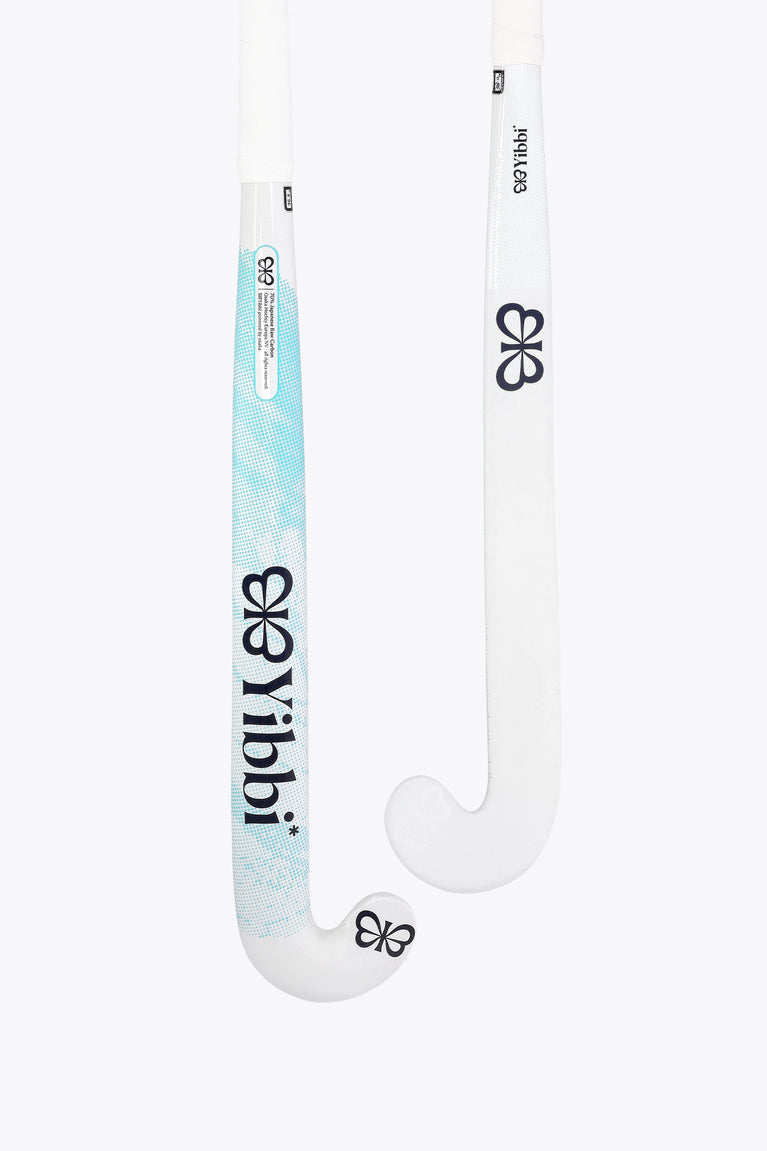 Field hockey stick head, white with blue Yibbi graphics and low bow curve