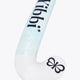 Field hockey stick blade end, white with blue stripe and black flower logo