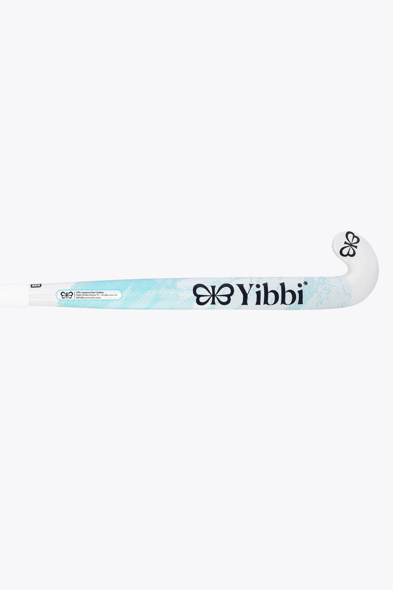 Field hockey stick, white with blue branding strip and black flower logo on blade