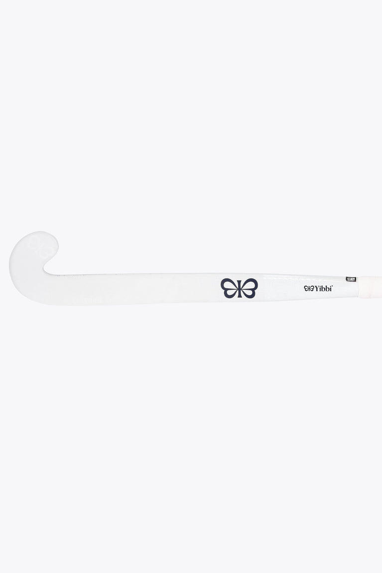 Field hockey stick, white blade with black flower logo and centered text