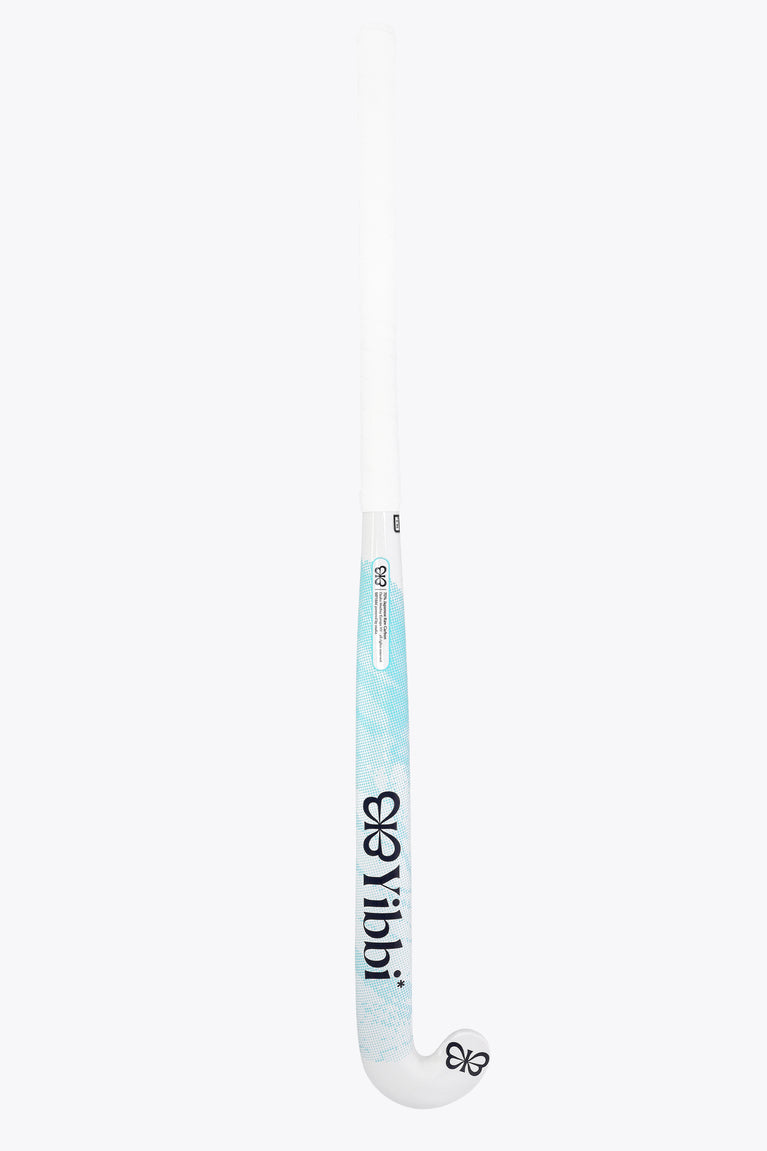 Field hockey stick blade section, white with light blue graphic and black flower
