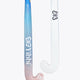 Field hockey stick with blue shaft, pastel pink curved head, and white blade face.