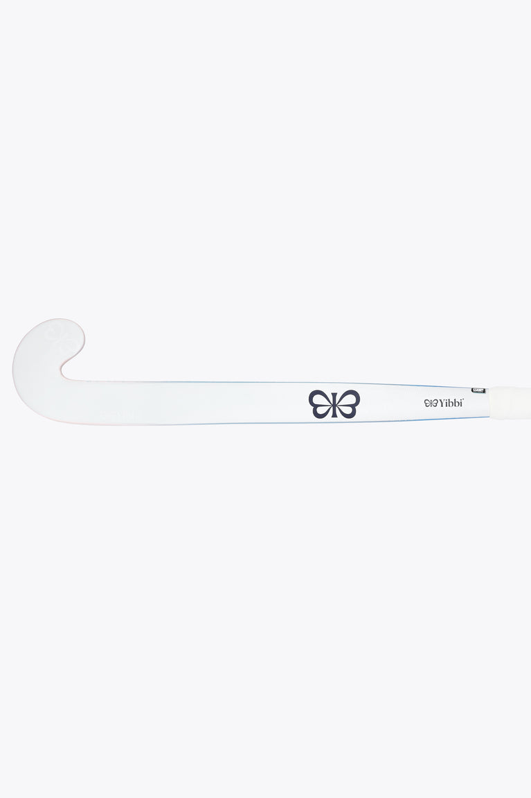 Field hockey stick with white blade head and light blue shaft with centered logo.