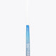 Field hockey stick lower end close-up with blue shaft and pastel pink curved bow.