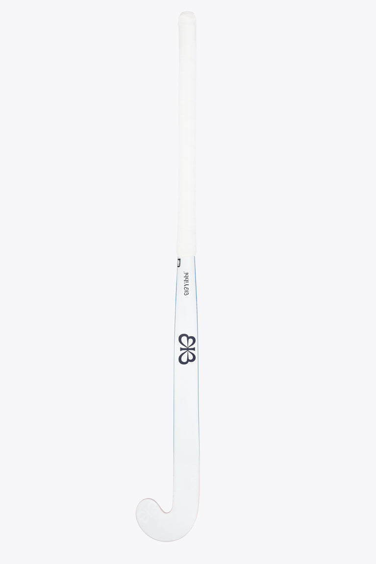 Field hockey stick, white blade with blue branding on the light handle shaft.