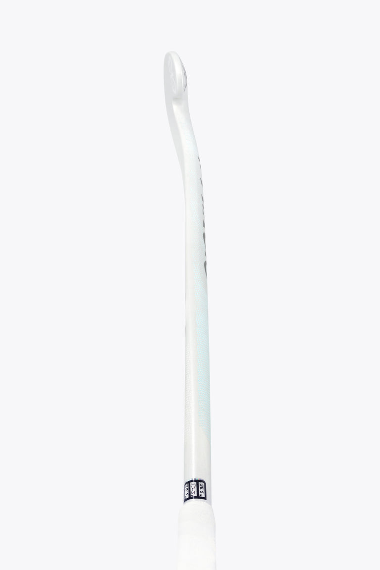 White field hockey stick with smooth white shaft and curved hook blade