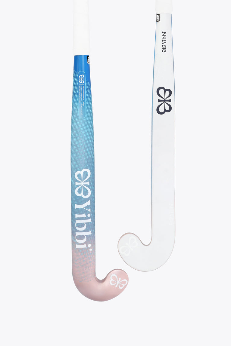 Field hockey stick with blue pastel shaft and pale pink curved head with bow pattern