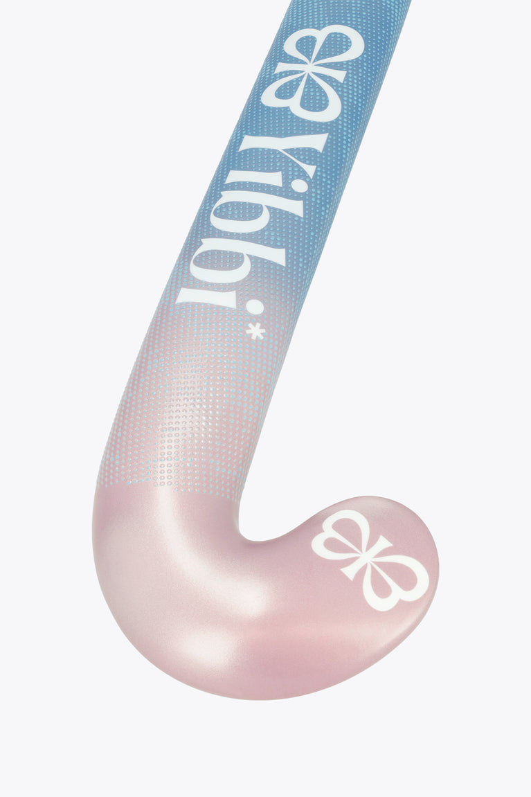Field hockey stick head with pale pink curve and blue pastel shaft, bow emblem detail