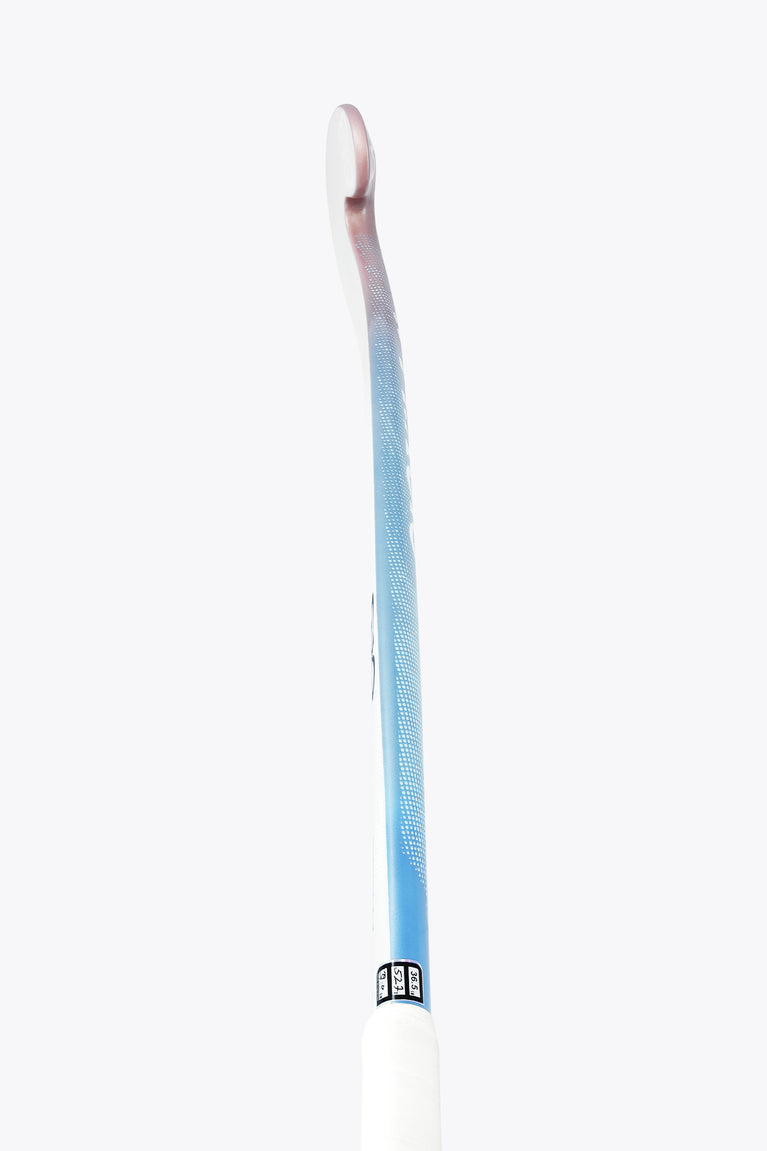 Field hockey stick showing blue pastel shaft with white grip end and marked bow logo