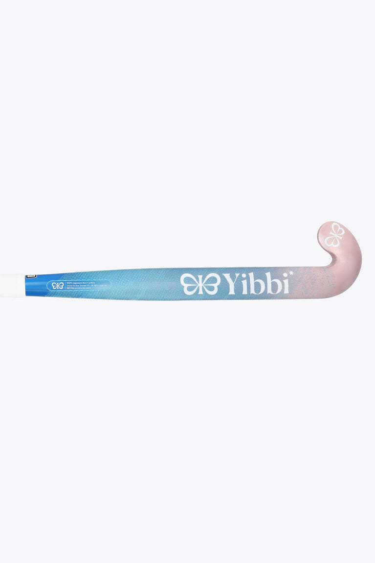 Field hockey stick laid out, blue pastel stick with pale pink curved head and logo