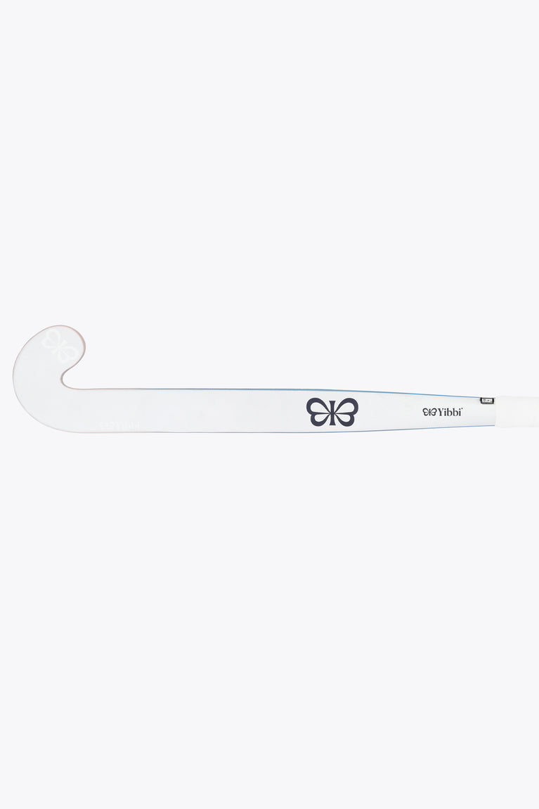 Field hockey stick with pale pink head end and light blue shaft, bow logo on stick