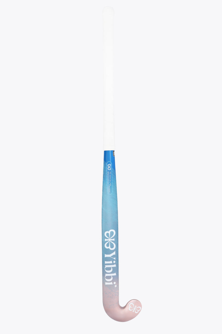 Field hockey stick close-up of curved pale pink head and blue pastel shaft, bow emblem