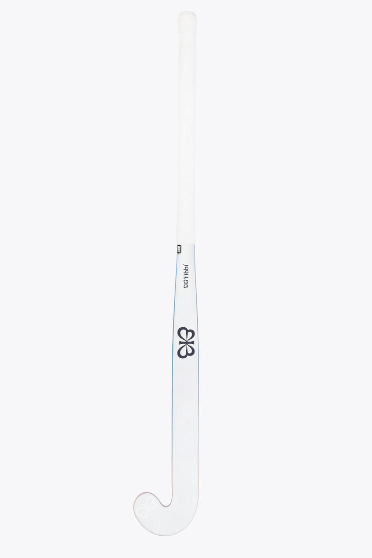 Field hockey stick vertical view with white shaft and small bow logo, pale head end