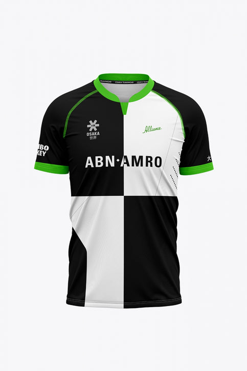 Alliance Women Jersey - Retro Edition | Black-White Women’s retro field hockey jersey, black-and-white with green trim, front graphic and logos