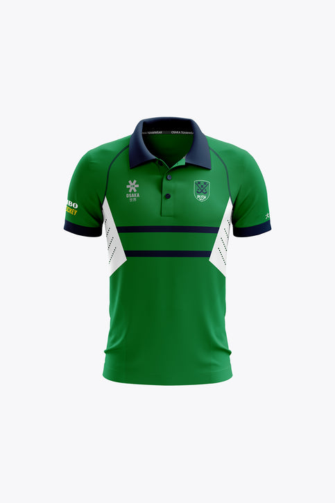 BHV Push Deshi Polo Jersey - Green / White Green and white striped push polo jersey with dark collar and button placket