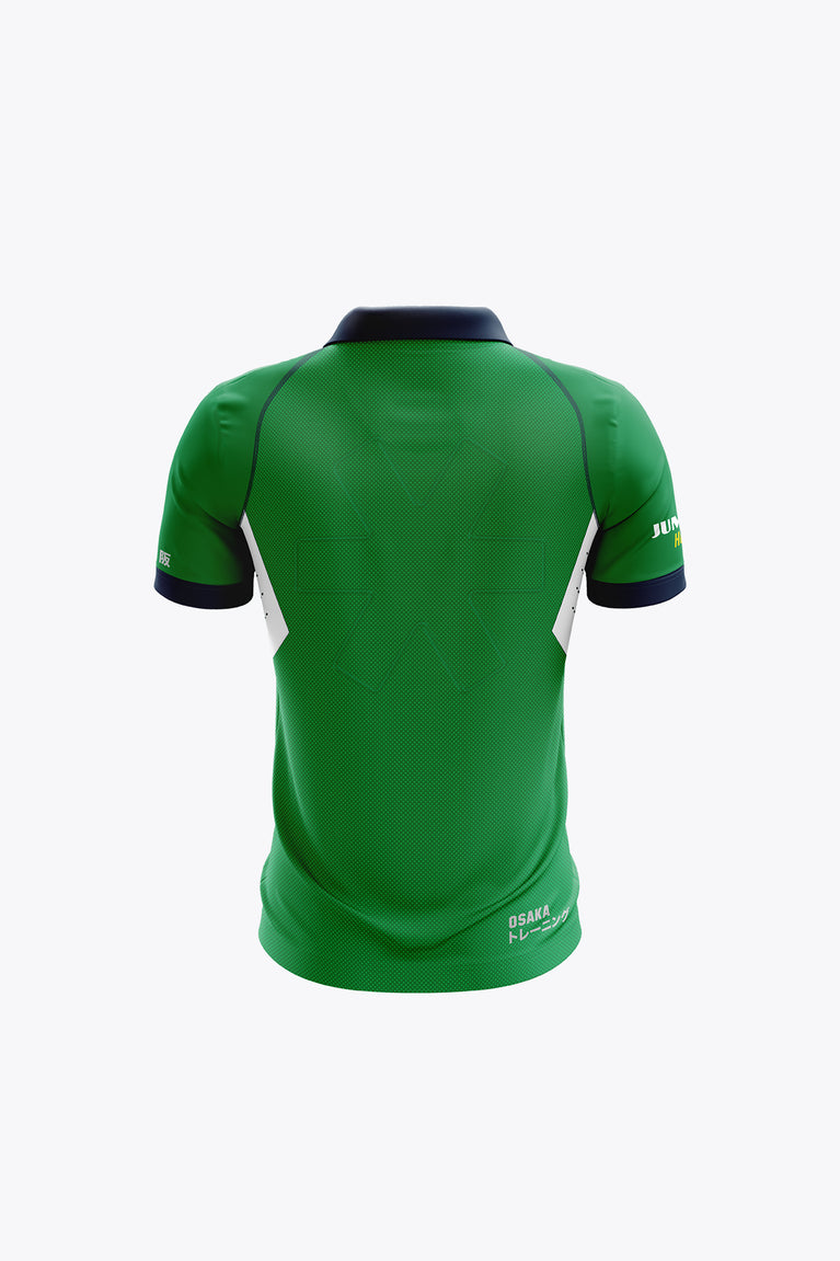 Green back view polo jersey with dark collar trim and white side panels