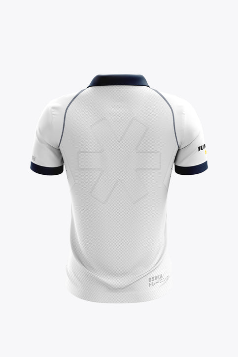 BHV Push Men Polo Jersey - White / Navy Men's white and navy polo jersey with crest logo, button placket, and striped hem