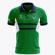 Men's green polo jersey with navy collar, white side panels, short sleeves