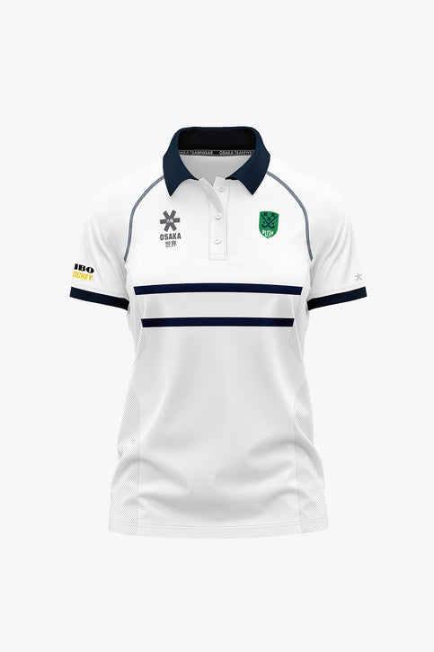 BHV Push Women Polo Jersey - White White women’s polo shirt with navy collar, sleeve trim, and horizontal stripe