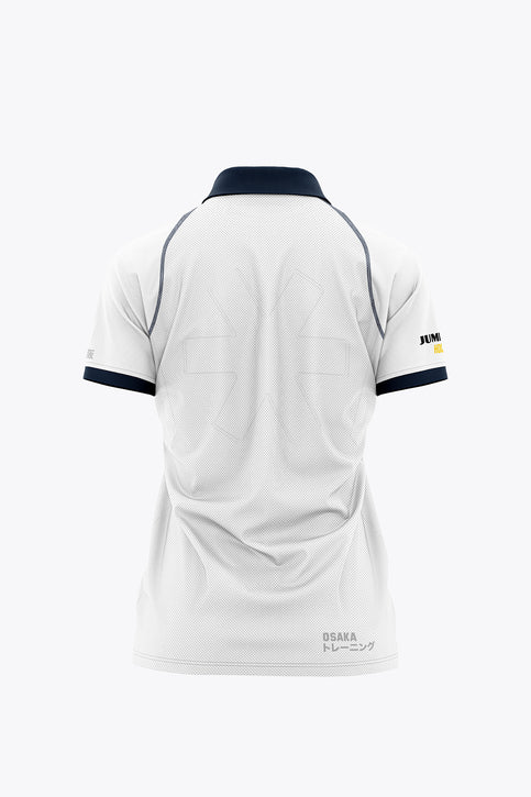 BHV Push Women Polo Jersey - White White women’s polo shirt with navy collar, sleeve trim, and horizontal stripe