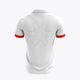 Kids white polo jersey back view with red sleeve cuffs and large X mark