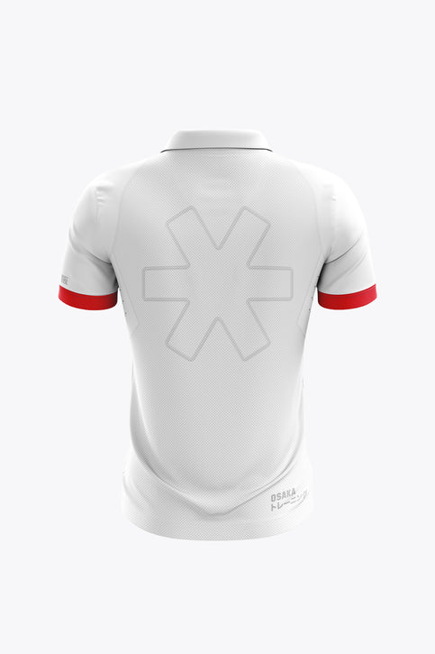 CD Terrassa Women Polo Jersey | White Women’s white polo jersey with red collar trim, button placket, and logo front