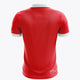 Women's red polo jersey, back view with white collar trim and short sleeves, printed logos