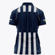 Women’s navy polo jersey back with white vertical stripe panel and dark collar