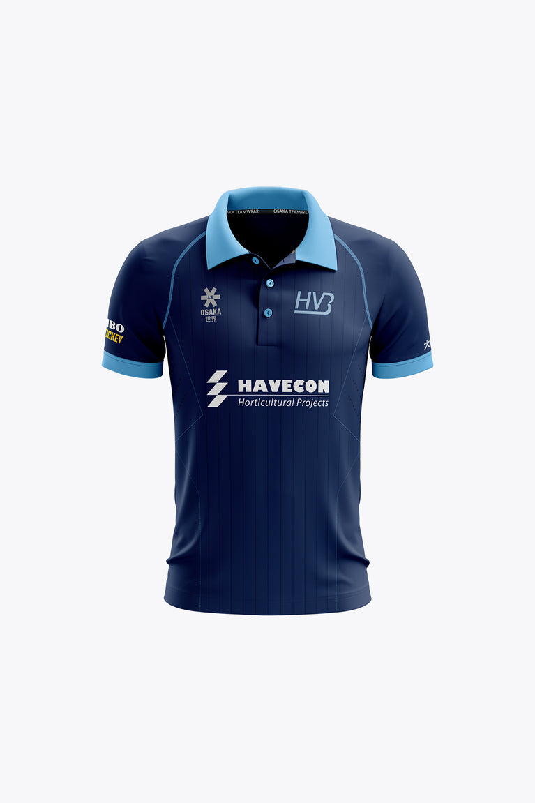 Kids navy polo shirt with light blue collar, button placket, front logos