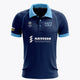 Men's navy polo jersey with light blue collar, button placket, and front sponsor logos