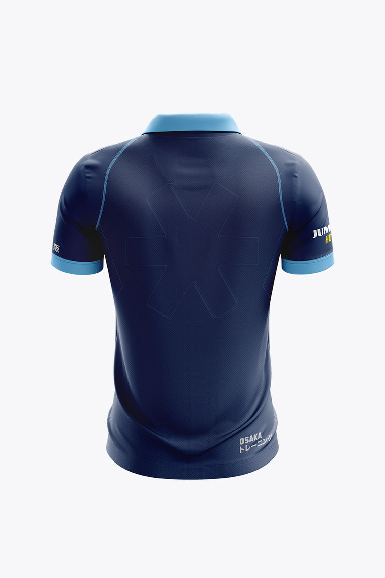 Men's navy polo jersey, back view, light blue collar and sleeve trim with sponsor text