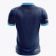 Men's navy polo jersey, back view, light blue collar and sleeve trim with sponsor text
