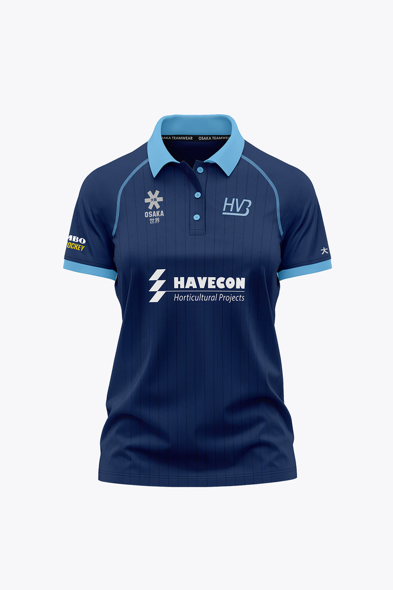 Women’s navy polo jersey with light blue collar, button placket, and front logos
