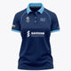 Women’s navy polo jersey with light blue collar, button placket, and front logos