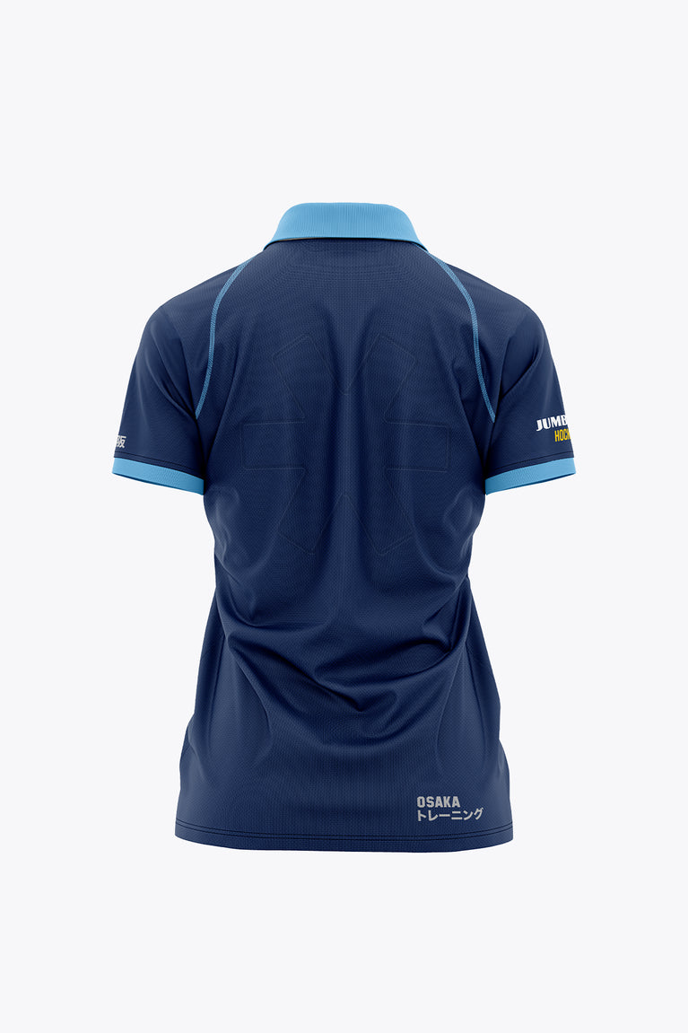 Women’s navy polo jersey back view with light blue collar and sleeve graphics