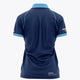 Women’s navy polo jersey back view with light blue collar and sleeve graphics