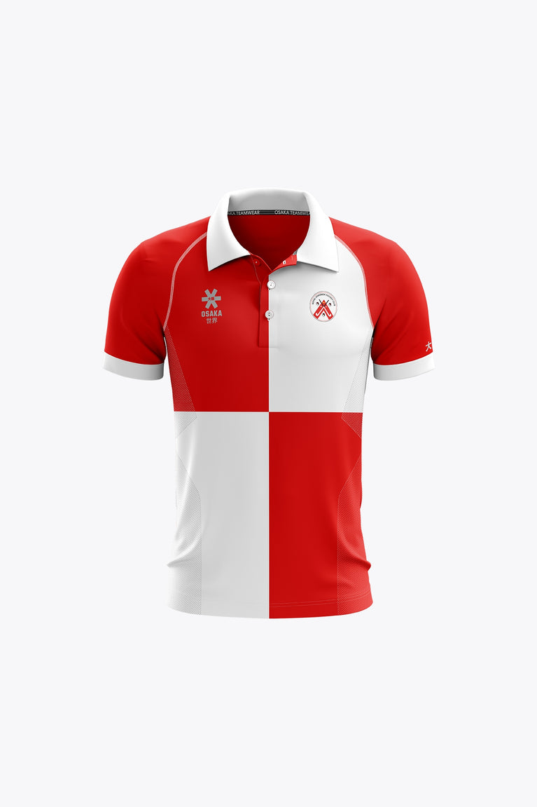 Linkebeek Kids Polo Jersey in White-Red. Front view