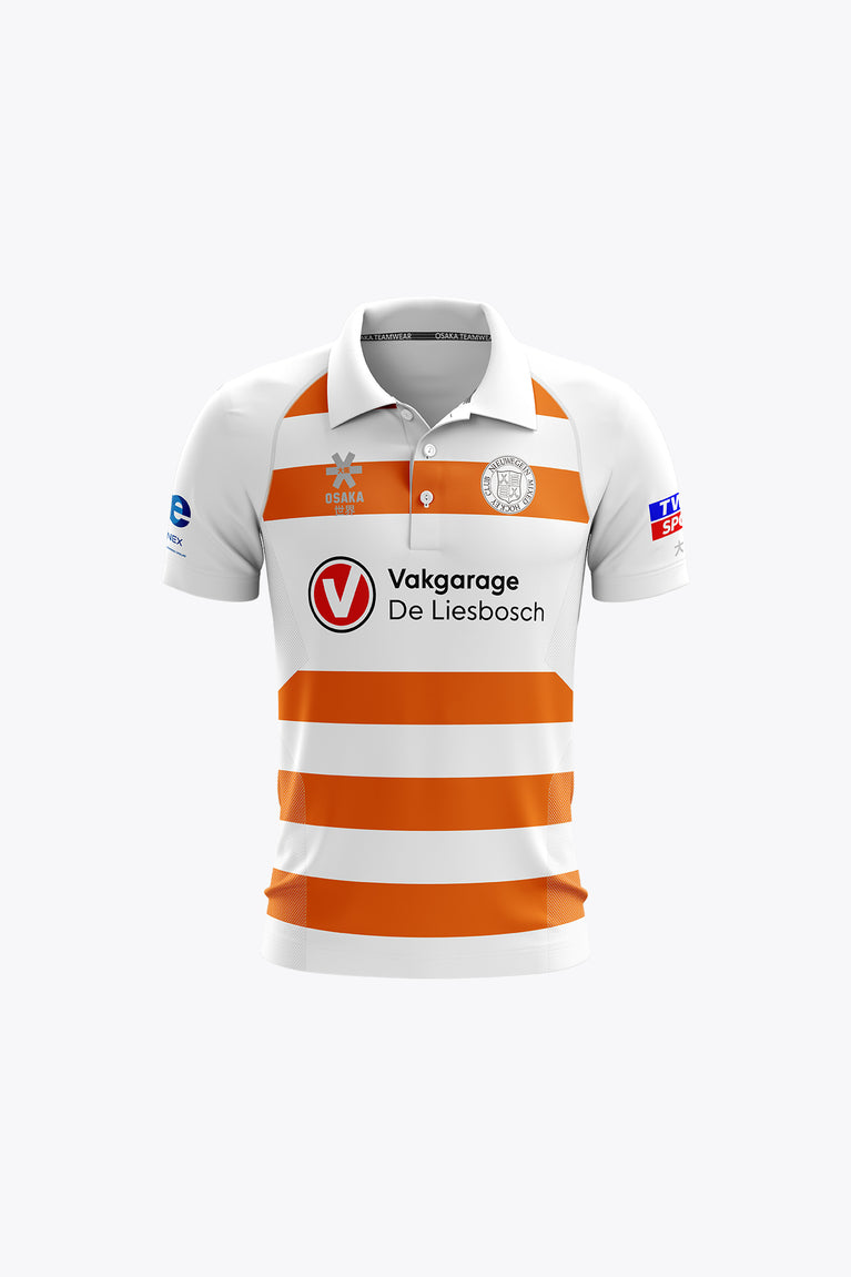 Kids white polo jersey with orange striped bands, button placket, short sleeves.