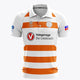 Men's polo jersey with white and orange horizontal stripes, buttoned collar