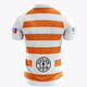 Men's polo jersey with white and orange horizontal stripes, back view, ribbed collar