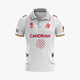 Kids white polo jersey with button collar, front crest and red sponsor print