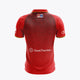 Red kids polo jersey back view with collar, FIH badge and Grant Thornton sponsor print